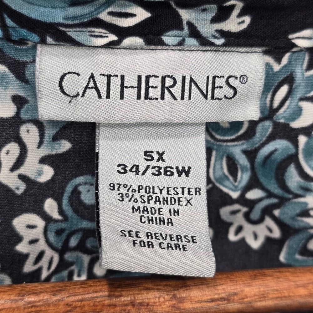 Catherines Womens Button Up Shirt Blouse Black Teal 1/2 Sleeve Roll Tab Mature - Picture 7 of 9